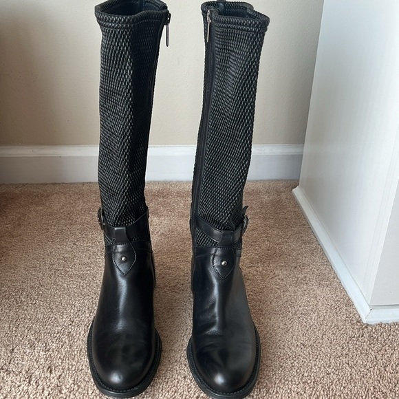 Aquatalia Black Leather Stretch Zip Up Riding Boots with Buckle - Picture 5 of 9